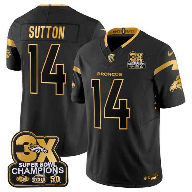 Men's Denver Broncos #14 Courtland Sutton Black/Gold F.U.S.E. 3-Time Champions Patch Vapor Limited Stitched Football Jersey